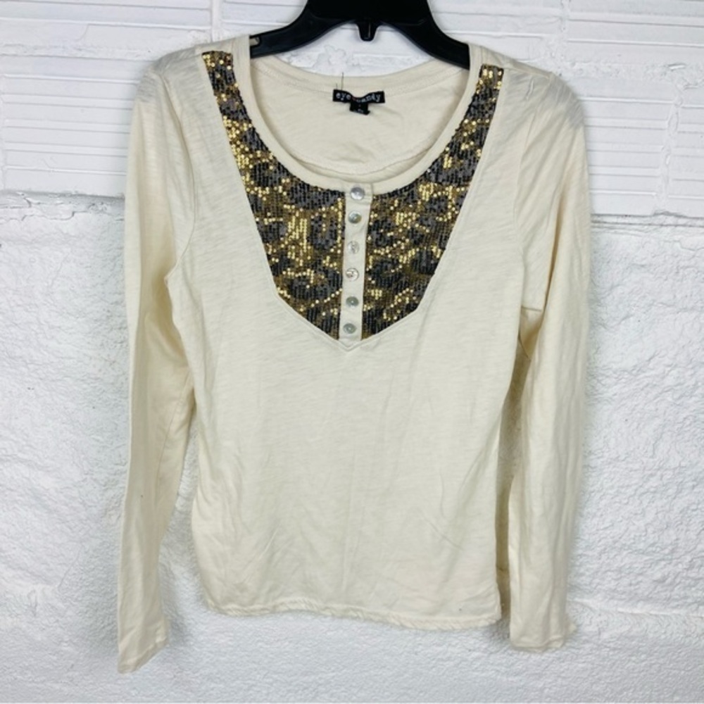 EYE CANDY cream sequins leopard print longsleeve cotton shirt size XL